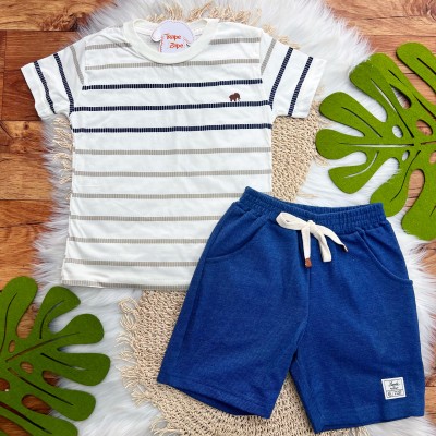 Conj. Camiseta Listrada e Bermuda - Azul Jeans e Off White